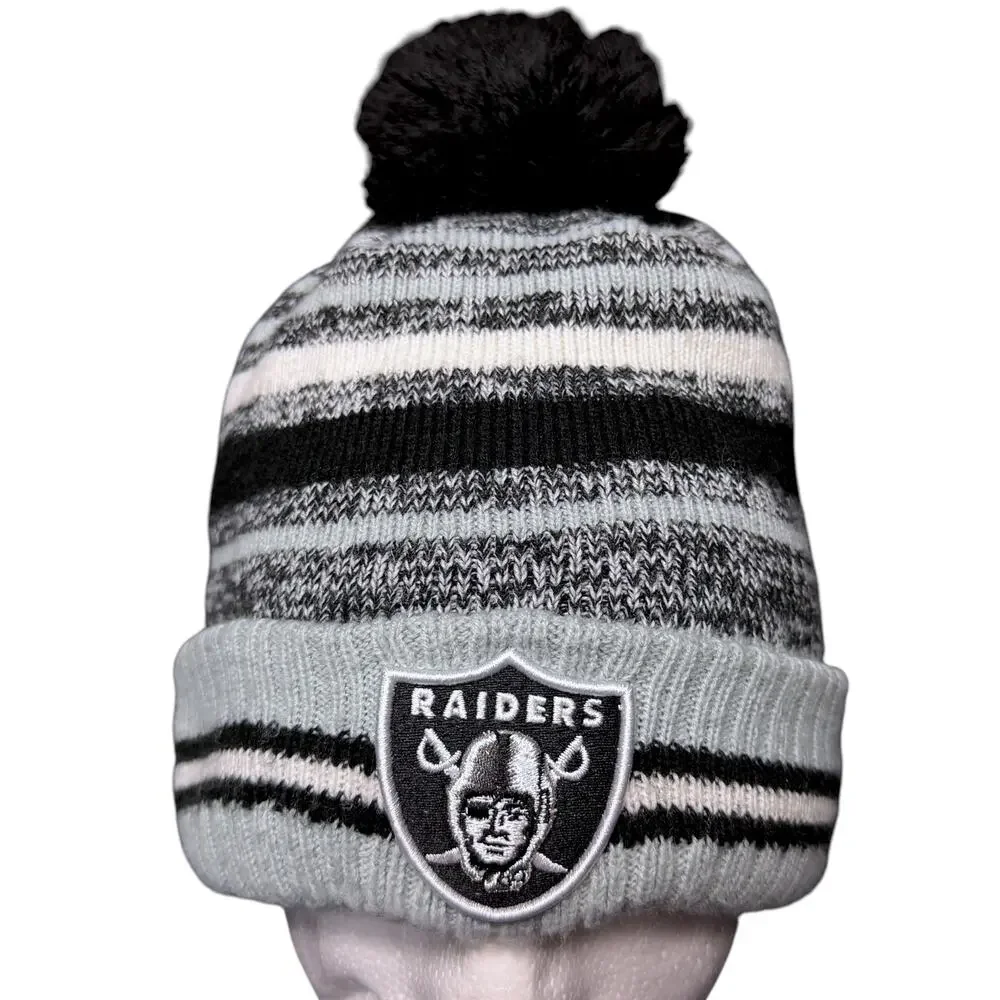Las Vegas Raiders Knit Winter Hat Beanie New Era Pom Cap Gray Black Fleece Lined